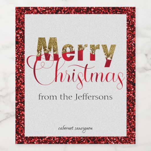 Gold & Roter Glitzer Glamour Frohe Weihnachten Weinetikett (Einzelnes Label)