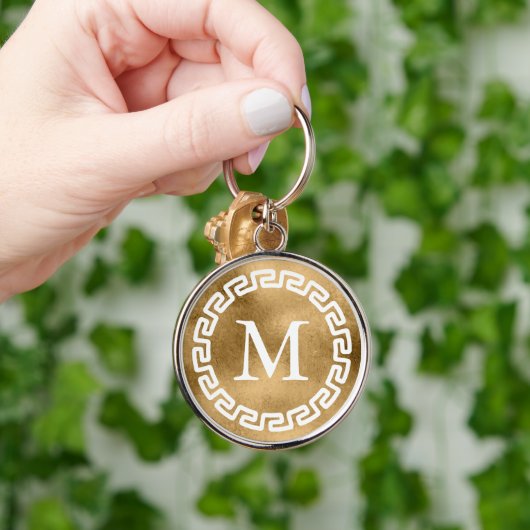 Gold Round Griechisch Key Border Monogram Schlüsselanhänger (Hand)