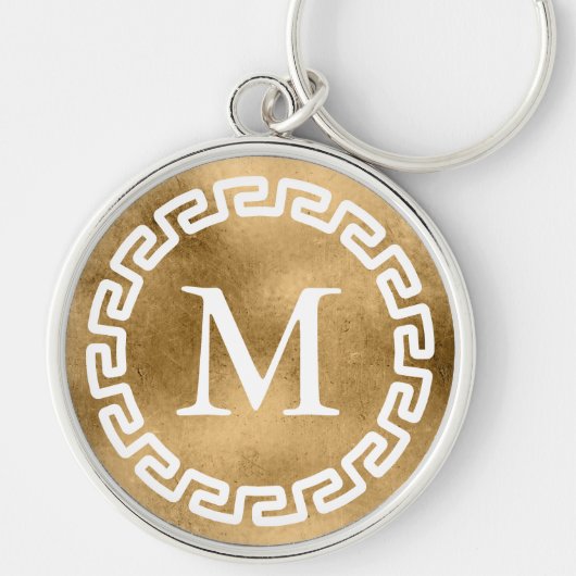 Gold Round Griechisch Key Border Monogram Schlüsselanhänger (Vorne)