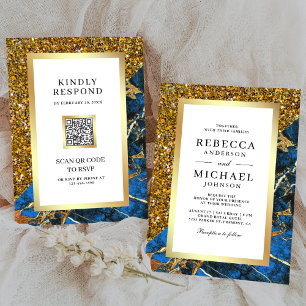 Gold Royal Blau Marmor QR Code Weiße Hochzeit Einladung