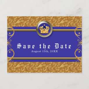 Gold & Royal Blue Crown Elegante Glamour Hochzeits Ankündigungspostkarte