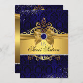 Gold Royal Blue Damask 16 . Geburtstag Einladung (Vorne/Hinten)
