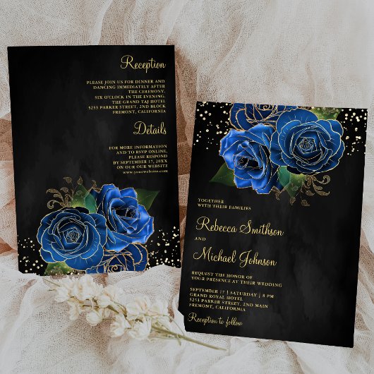 Gold Royal Blue Floral All in One Black Wedding Einladung
