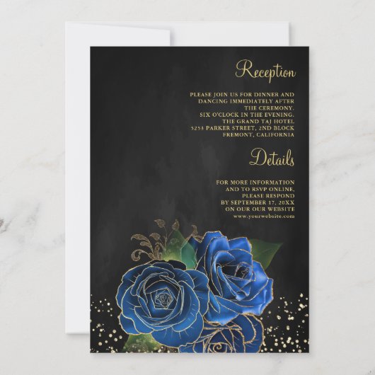 Gold Royal Blue Floral All in One Black Wedding Einladung (Rückseite)