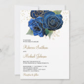 Gold Royal Blue Floral All in One Wedding Einladung (Vorderseite)