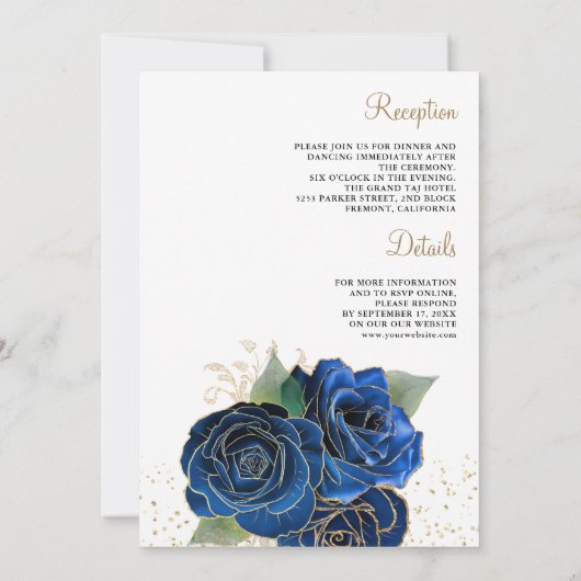 Gold Royal Blue Floral All in One Wedding Einladung (Rückseite)