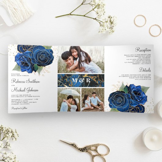 Gold Royal Blue Floral Foto Collage Wedding Dreifach Gefaltete Einladung