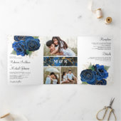 Gold Royal Blue Floral Foto Collage Wedding Dreifach Gefaltete Einladung (Innenseite)