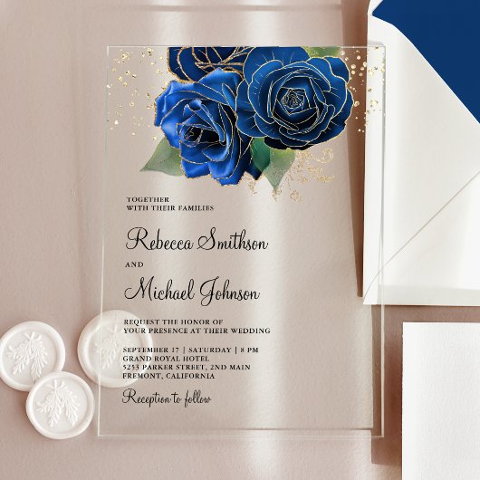 Gold Royal Blue Floral Wedding Acryleinladungen