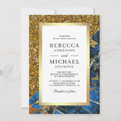 Gold Royal Blue Marble QR Code White Wedding Einladung (Vorderseite)