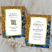 Gold Royal Blue Marble QR Code White Wedding Einladung