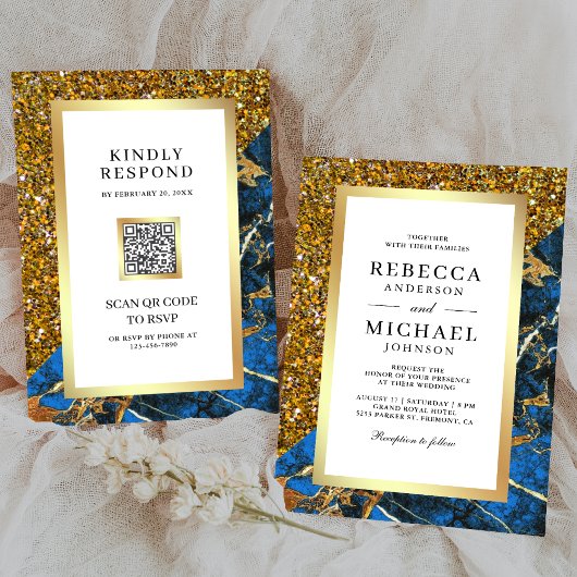 Gold Royal Blue Marble QR Code White Wedding Einladung