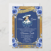 Gold Royal Blue Rose Quinceñera Einladung (Vorderseite)