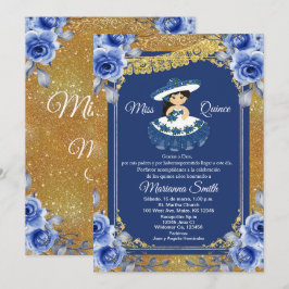 Gold Royal Blue Rose Quinceñera  Einladung