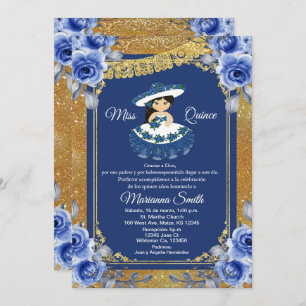 Gold Royal Blue Rose Quinceñera  Einladung