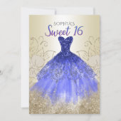 Gold Royal Blue Sparkle Dress Sweet 16 Einladung (Vorderseite)