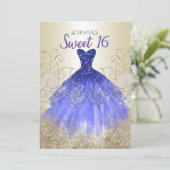 Gold Royal Blue Sparkle Dress Sweet 16 Einladung (Stehend Vorderseite)