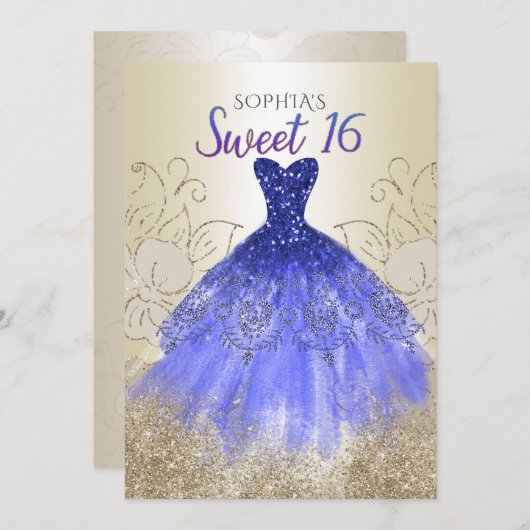 Gold Royal Blue Sparkle Dress Sweet 16 Einladung (Vorne/Hinten)