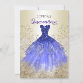Gold Royal Blue Sparky Dress Quinceañera Einladung (Vorderseite)