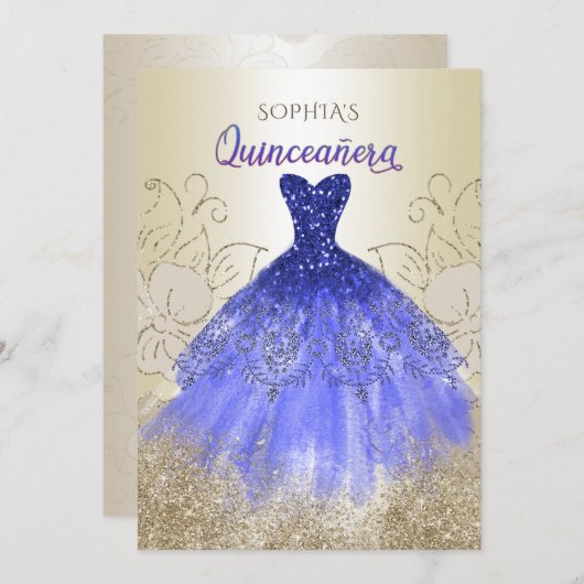 Gold Royal Blue Sparky Dress Quinceañera Einladung (Vorne/Hinten)