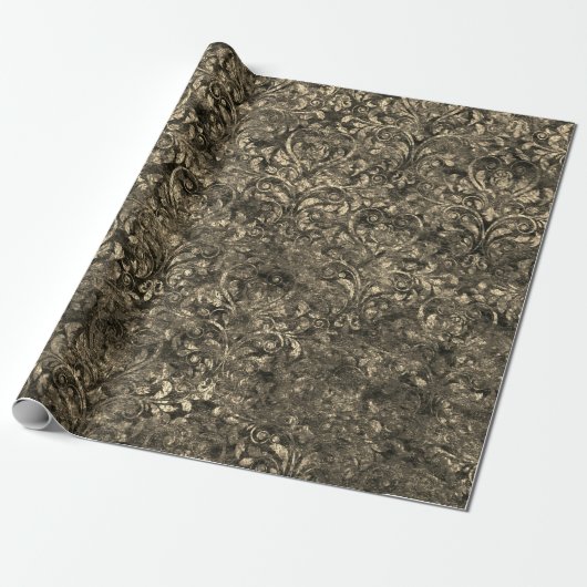 Gold Royal Damask Black Crushed Velvet Sepia Imita Geschenkpapier (Ungerollt)