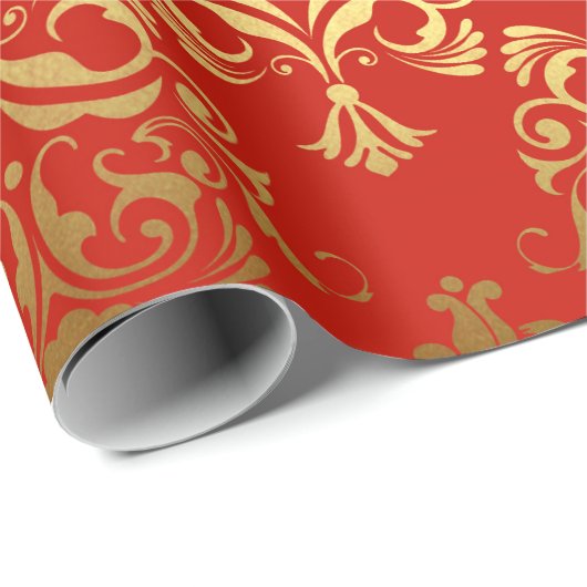 Gold Royal Damask Floral Ornament Red Antonietta Geschenkpapier (Rolleneckpunkt)