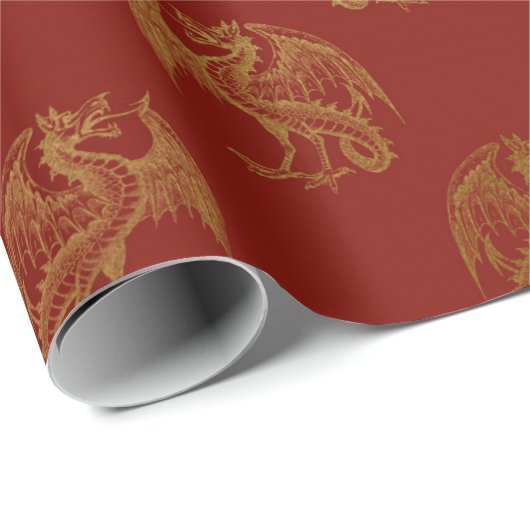 Gold Royal Dragon Fairly King Red Pastel Heraldic Geschenkpapier (Rolleneckpunkt)