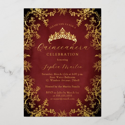 Gold Royal Red Elegant Vintag Quinceanera Folieneinladung (Vorderseite)