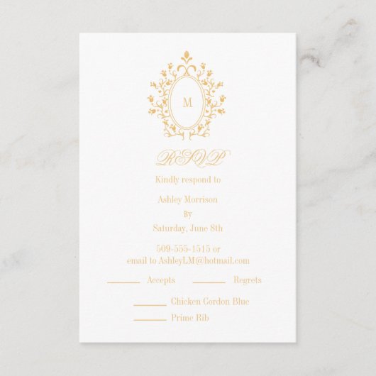 Gold RSVP card Monogram With 2 Entree Choice Begleitkarte (Vorderseite)