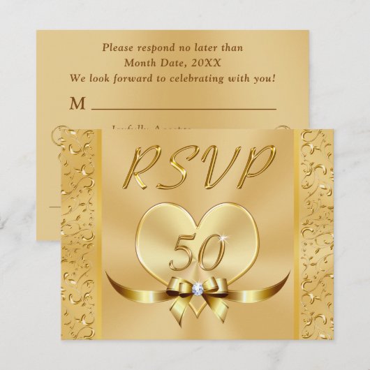 Gold RSVP Karten für das 50. Hochzeitstag (Vorne/Hinten)