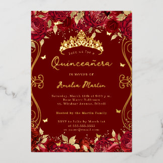 Gold Ruby Red Swirl Scroll Floral Quinceanera Folieneinladung