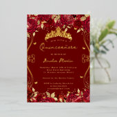 Gold Ruby Red Swirl Scroll Floral Quinceanera Folieneinladung (Stehend vorne)