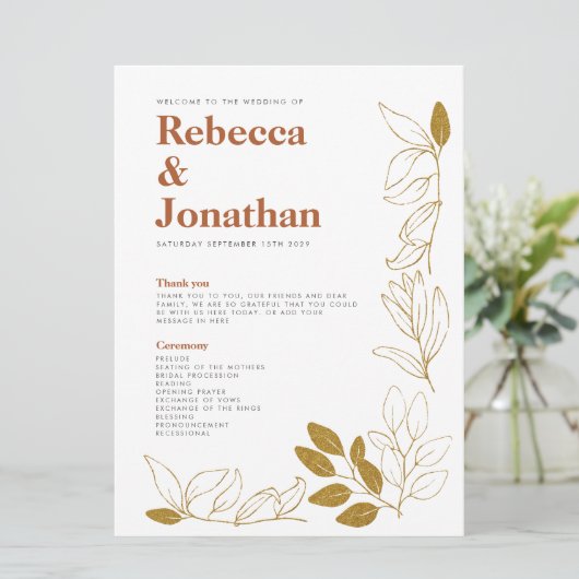 Gold Rust Leaf Terracotta Wedding Program Card Programm (Stehend Vorderseite)