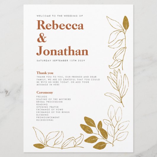 Gold Rust Leaf Terracotta Wedding Program Card Programm (Vorderseite)