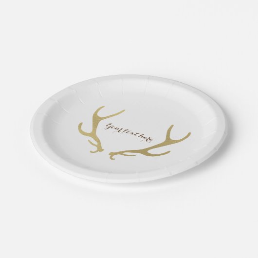 Gold Rustic Antlers Glam Wedding Reception Party Pappteller (Schrägansicht)