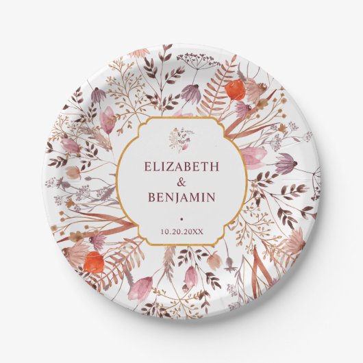 Gold Rustic Boho Chic Fall Wildflowers Wedding Pappteller (Vorderseite)