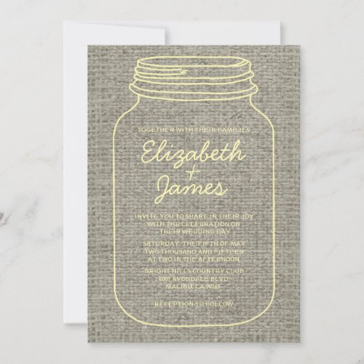 Gold Rustic Burlap Mason Jar Wedding Einladungen (Vorderseite)