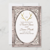 Gold Rustic Deer Antlers White Wood Einladung (Vorderseite)