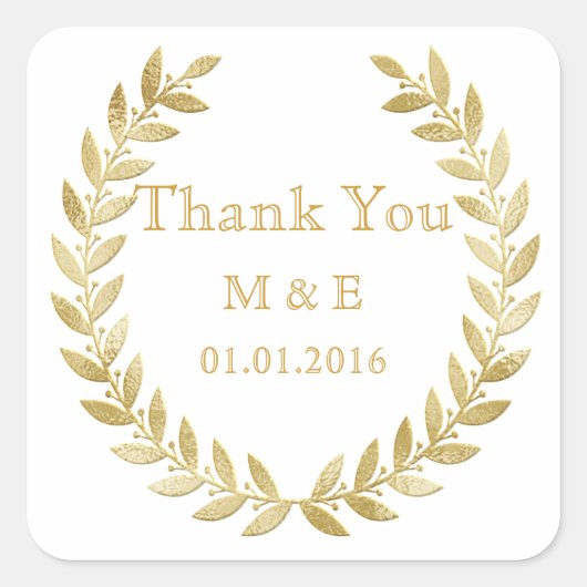 Gold Rustic Laurel Wreath Personalisiert Danke Quadratischer Aufkleber (Vorderseite)