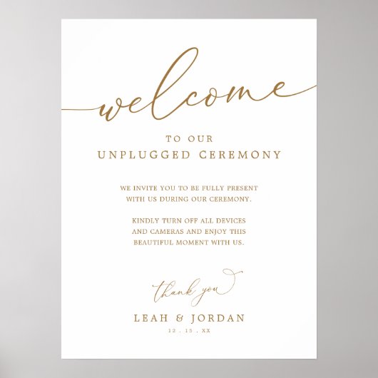 Gold Rustic Unplugged Wedding Zeremony Sign Poster (Vorne)