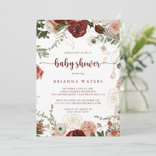 Gold Rustikale farbenfrohe Blütendusche Einladung (Stehend Vorderseite)