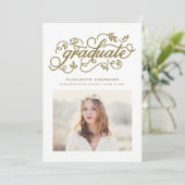 Gold Rustikale Kalligrafie Foto Abschluss Einladung (Stehend Vorderseite)