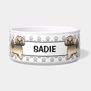 Gold Sable Lhasa Apso Hund mit Pfoten und Namen Napf