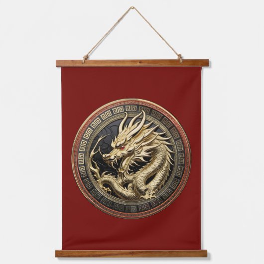 Gold Sacred Eastern Dragon Medallion Wandteppich Mit Holzrahmen (Vorderseite)