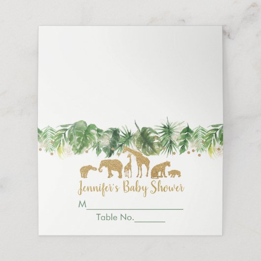 Gold Safari Animal Baby Dusche Platzkarte (Außenseite Aufgefaltet)