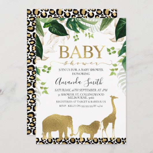 Gold Safari Animals Foliage Baby Dusche Einladung (Vorne/Hinten)