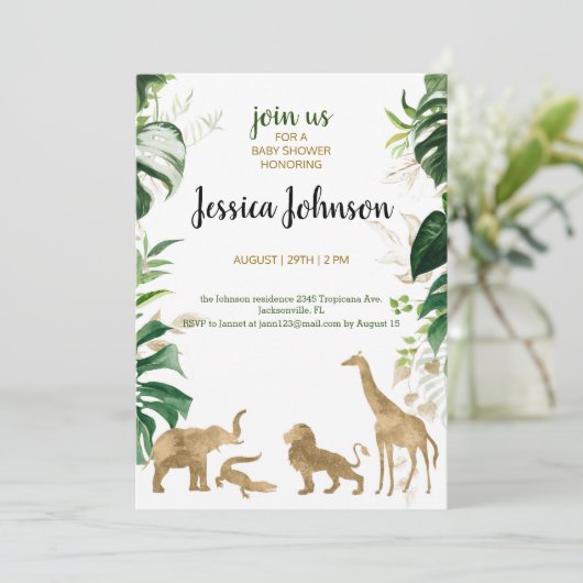 Gold Safari Baby Dusche Einladung (Stehend Vorderseite)