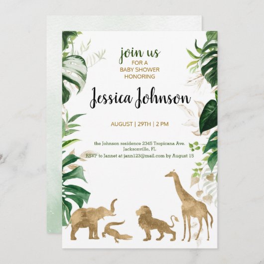 Gold Safari Baby Dusche Einladung (Vorne/Hinten)