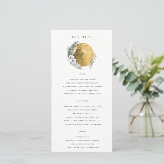 Gold Saga Green Floral Wreath Wedding Menu Card Dankeskarte (Stehend Vorderseite)