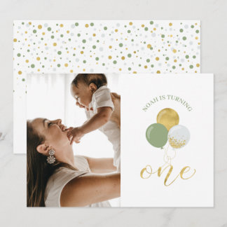 Gold & Sage Balloons | Junge 1. Geburtstag Party Einladung